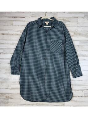 Delicates Sleep Shirt Womens Large Button Down Long Sleeve Green Plaid Nightgown